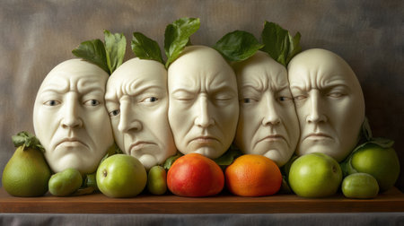 A group of faces made out of fruit are arranged on a table, AIの素材
