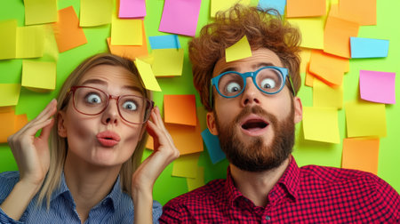 A man and woman with glasses looking at each other while covered in post-it notes, AIの素材
