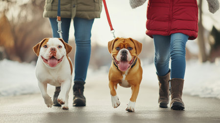 Two dogs walking down a street with their owners, AIの素材