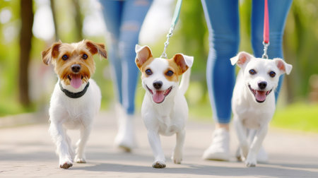Three dogs are walking on leashes in a line, AIの素材