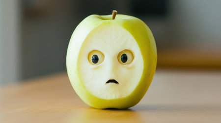 A green apple with a face carved into it on the table, AIの素材