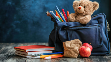 A teddy bear sitting in a blue bag with pencils, apples and books, AIの素材