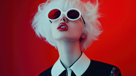 A woman with white hair wearing sunglasses and a red dress, AIの素材
