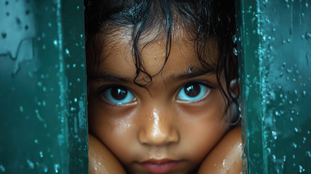 A close up of a child peeking out from behind the door, AIの素材
