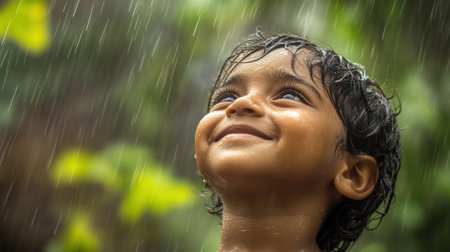 A young boy smiling while standing under a rain shower, AIの素材