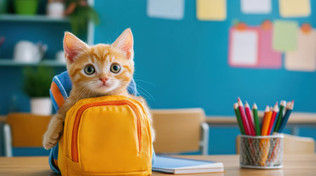 A small orange cat sitting in a yellow backpack on top of table, AIの素材