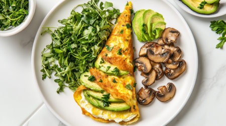 A white plate topped with an omelet, mushrooms and avocado, AIの素材