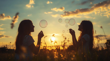 Two girls blowing bubbles in a field at sunset, AIの素材