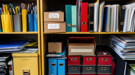 A shelf with a lot of different boxes and folders, AIの素材