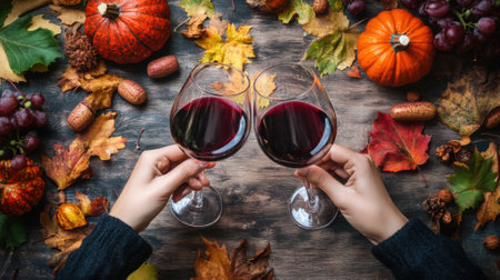 Two people holding wine glasses with a bunch of leaves and grapes, AIの素材
