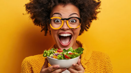 A woman with glasses holding a bowl of salad in her hands, AIの素材