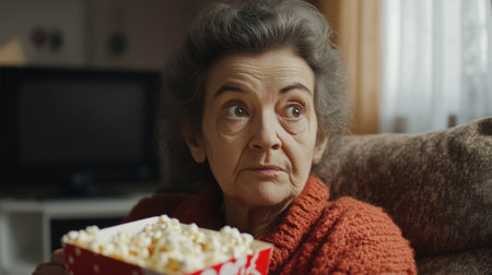 A woman holding a box of popcorn and looking at the camera, AIの素材