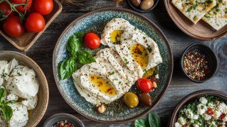 A table topped with plates of food and bowls filled with tomatoes, AIの素材