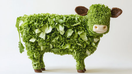 A sculpture of a cow made out of lettuce and grass, AIの素材