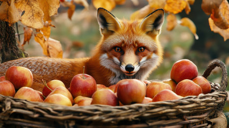 A fox sitting in a basket of apples with some leaves, AIの素材