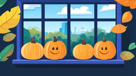 A window with three pumpkins on it and a smiley face, AIの素材