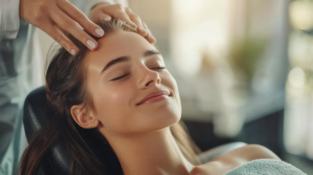 A woman getting a facial at the spa with her head resting on top of another persons hand, AIの素材