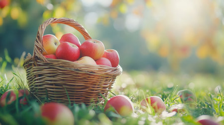 A basket of a bunch of apples in the grass, AIの素材