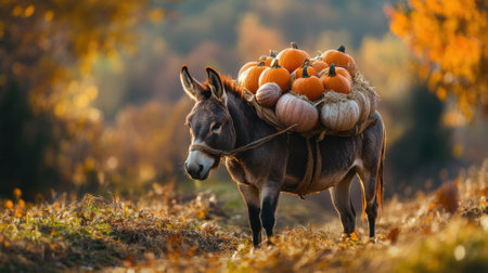 A donkey with a large basket of pumpkins on its back, AIの素材