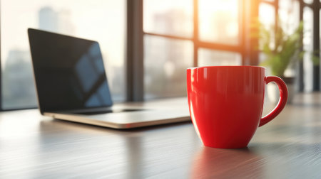 A red coffee cup sitting on a table next to an open laptop, AIの素材