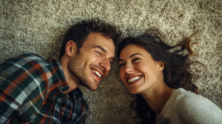 A man and woman laying on the floor smiling at each other, AIの素材