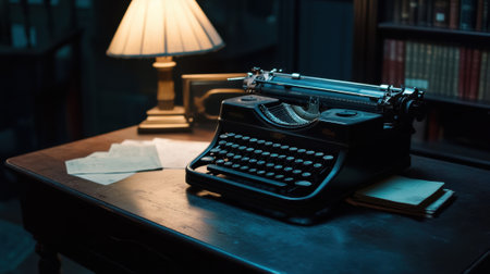 A desk with a typewriter and lamp on it in the dark, AIの素材
