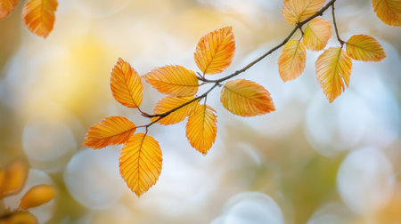 A close up of a branch with yellow leaves on it, AIの素材
