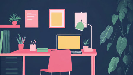 A desk with a laptop and plants on it in front of the wall, AIの素材