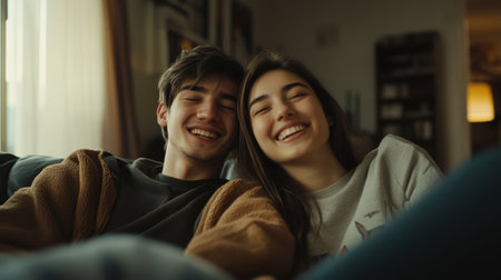 A man and woman smiling while sitting on a couch, AIの素材