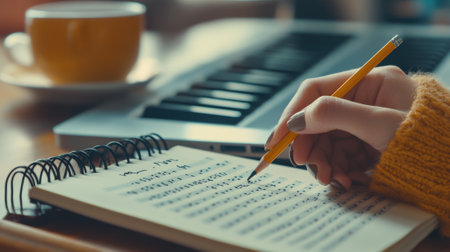 A person writing in a notebook with pencil and laptop, AIの素材