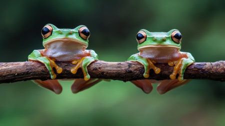 Two small green frogs sitting on a branch with their eyes open, AIの素材