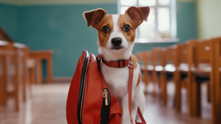 A small dog with a red backpack on his back, AIの素材