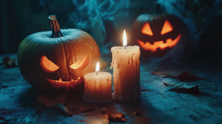 Two candles with carved faces and glowing eyes sit on a table, AIの素材