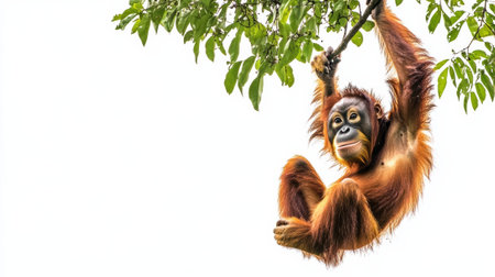 A monkey hanging from a tree branch with leaves in the background, AIの素材