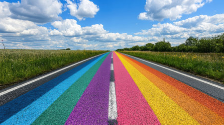 A rainbow painted on the side of a road in front of some trees, AIの素材