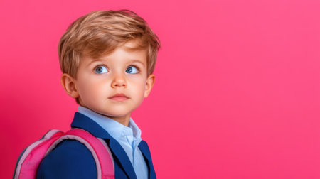 A young boy with a backpack and blue jacket, AIの素材