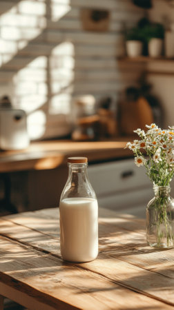 A vase of flowers and milk on a wooden table, AIの素材