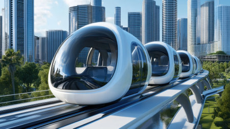 A futuristic train is traveling down a track in the city, AIの素材