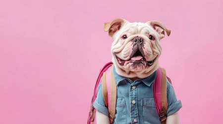 A bulldog wearing a blue shirt and backpack standing against pink background, AIの素材