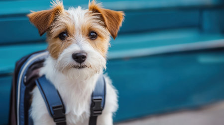 A small dog with a backpack sitting on the ground, AIの素材