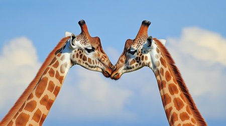 Two giraffes are touching noses in a photo taken against the sky, AIの素材