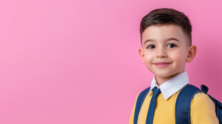 A young boy in a yellow shirt and blue tie smiling, AIの素材