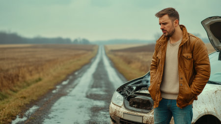 A man standing next to a broken down car on the side of road, AIの素材