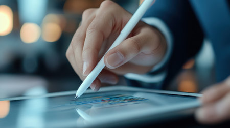 A person holding a pen and writing on an tablet computer, AIの素材