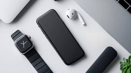 A close up of a black phone, an apple watch and other items, AIの素材