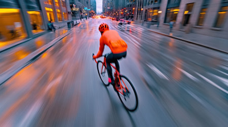 A man riding a bike down the street in an orange jacket, AIの素材