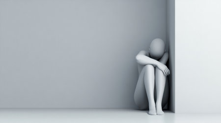 A white figure sitting against a wall with its back to the viewer, AIの素材