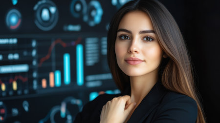 A woman with a black shirt and dark hair posing in front of an electronic board, AIの素材