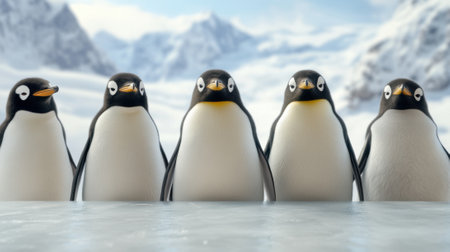 A group of penguins standing in front of a snowy mountain, AIの素材