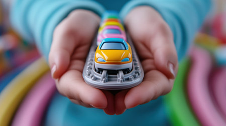 A person holding a toy train in their hands with cars on it, AIの素材